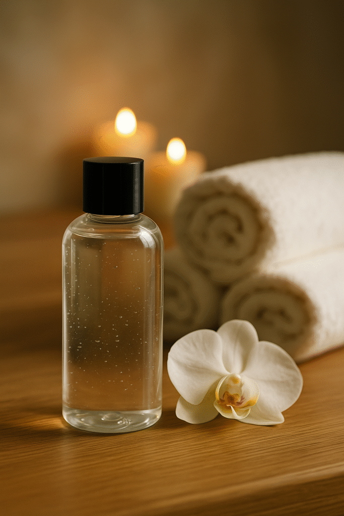 Transparent bottle of nuru gel on a spa table in Pattaya