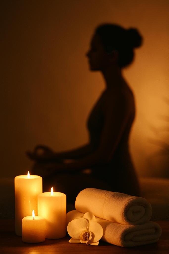 Relaxing Nuru Massage Pattaya atmosphere with candles, orchid and towels symbolizing benefits of nuru massage